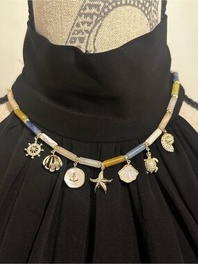 Eye Candy Gold Sea Charm Necklace with Blue, Gray and Tan Beads